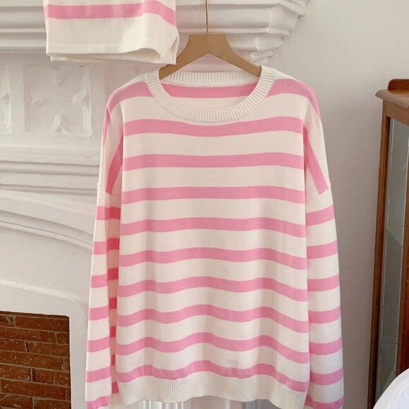 Pink & white Casual Women's Striped knit Sweater and Shorts Set - Picture 7 of 8